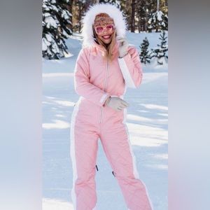 Pink and White quilted ski suit from Tipsy Elves